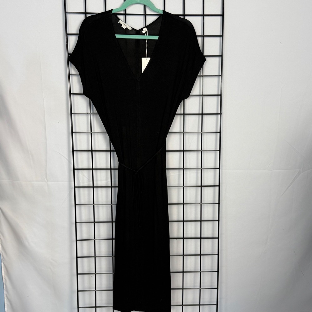 NWT Vince Midi Dress Womens XS Black Double V-Neck Tie‎ Waist Popover Jersey